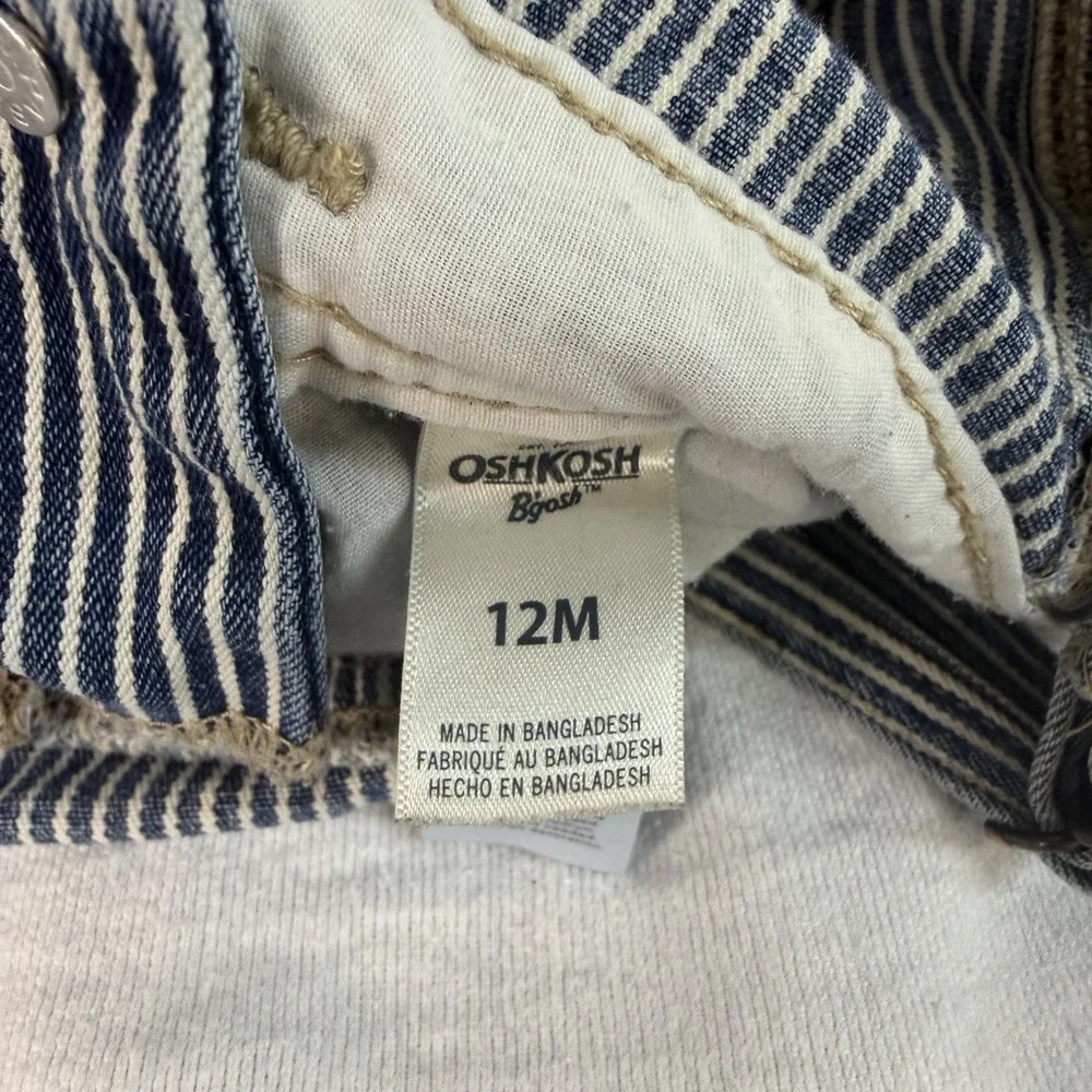 OshKosh B'gosh Denim Striped Overall 12 Months Blue/White Buckle Pockets Vintage
